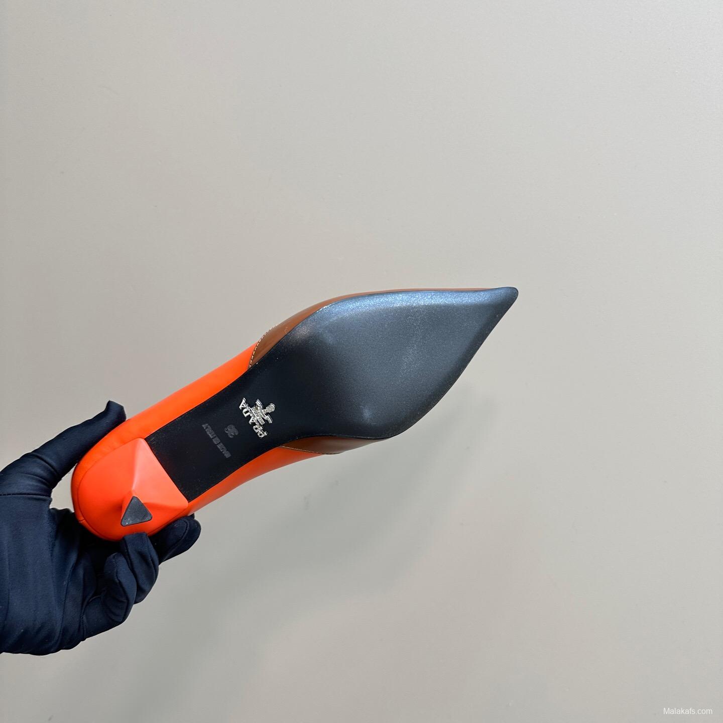 2025 Women Prada Orange Brown Leather Heels KFY00310