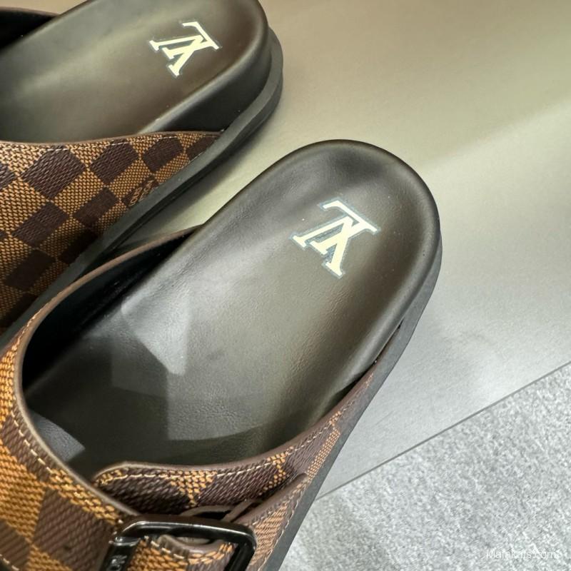 2024 Slippers Louis Vuitton Brown Black Leather Checkered Buckle MJ00210