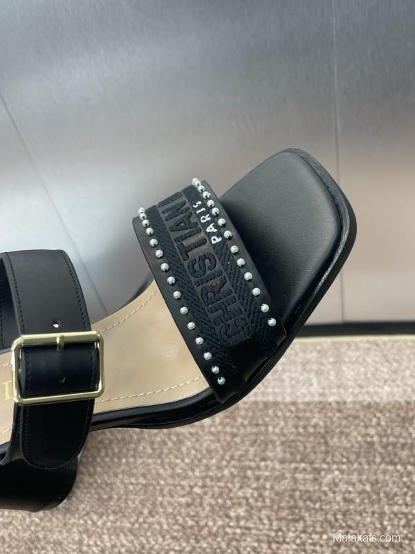 2025 Women Dior Black Leather Sandals Studded KFY00320