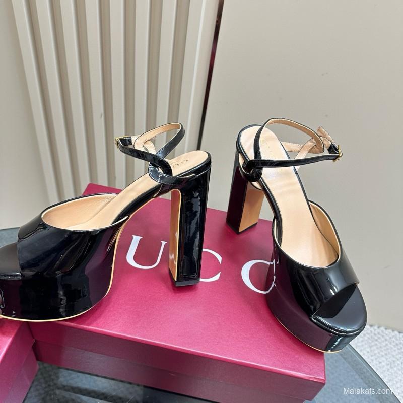 2025 Women Gucci Black Patent Leather Platform Sandals MJ00340
