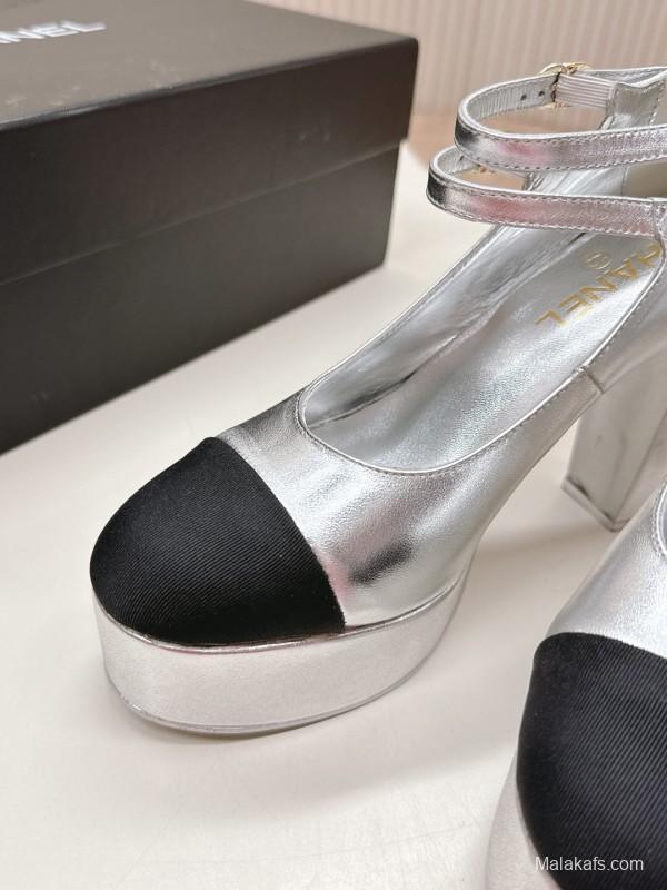 2025 Women Chanel Silver Black Leather Mary Jane Platform Heels