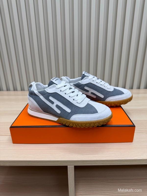 2025 Unisex Hermès White Grey Suede Down Fabric Sneakers Top Version LY00310