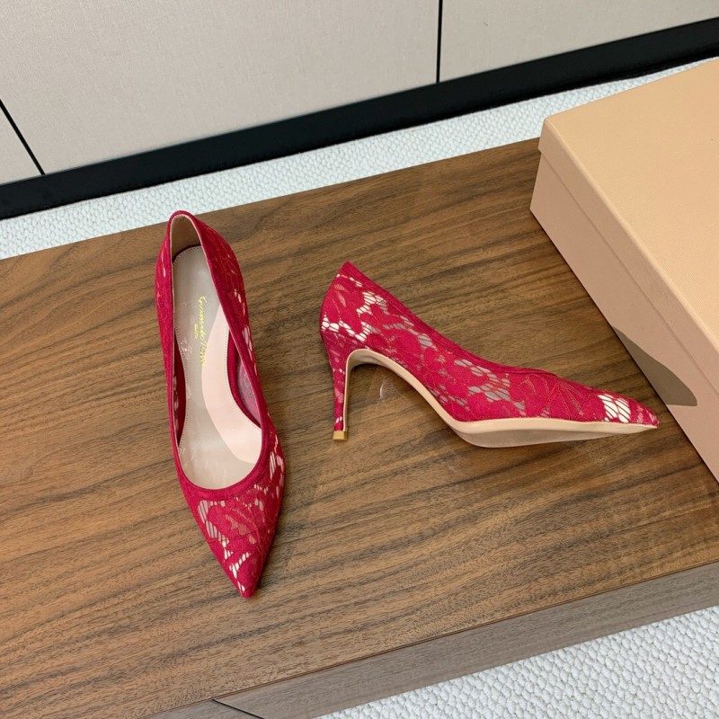2025 Women Gianvito Rossi Red Lace Leather Pumps KFY00280