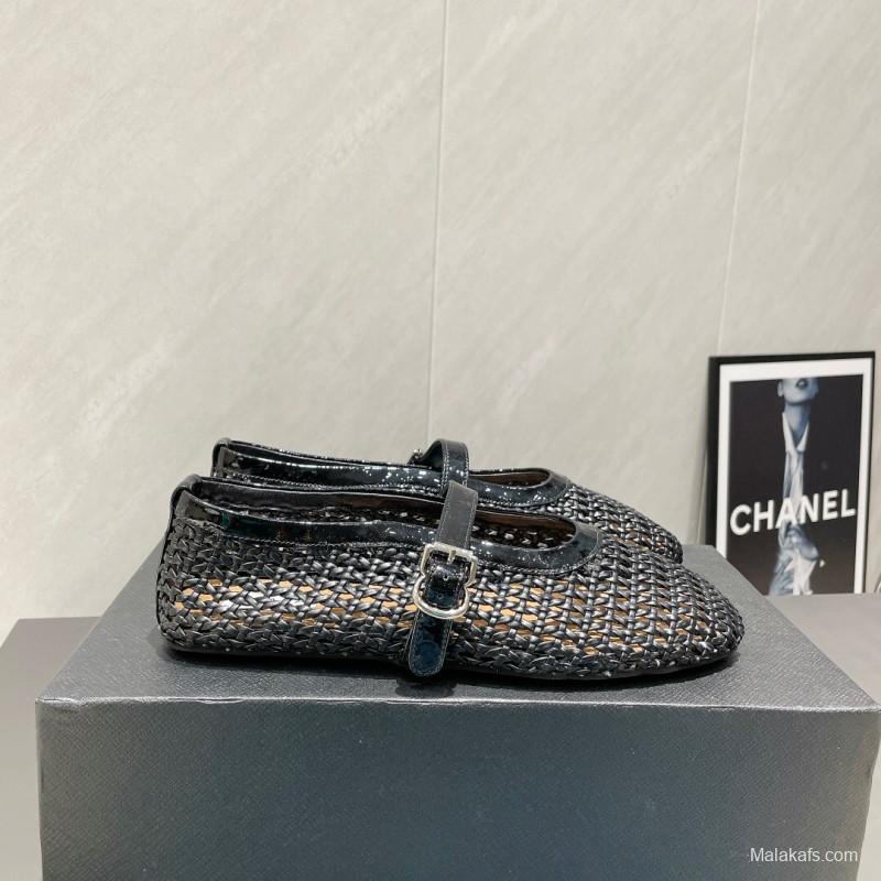 2025/Women Alaïa Black Woven Leather Mary Jane Flats LY00360(F)