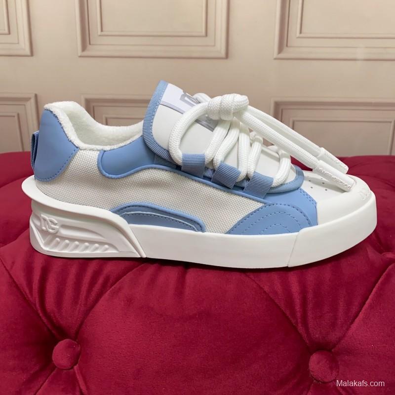2025 Women Dolce & Gabbana White Blue Mesh Leather Sneakers