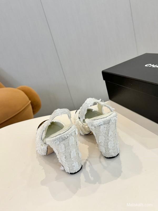 2025 Women Chanel White Black Leather Tweed Slingback Block Heel LY00270