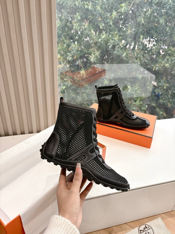 2025 Women Hermès Black Mesh Leather Boots
