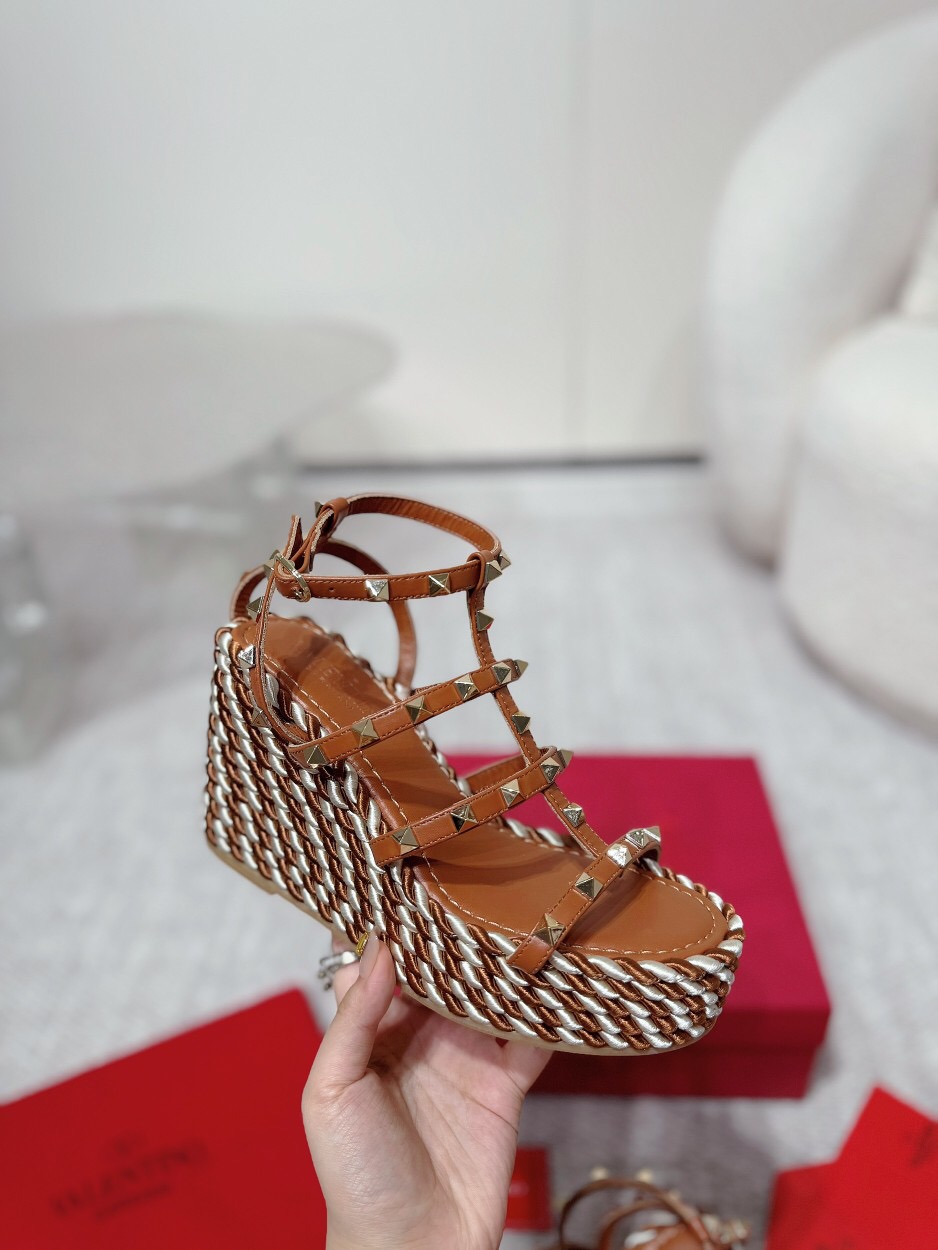 2025 Women Valentino Brown Leather Wedge Sandals Braided Cotton LY00290