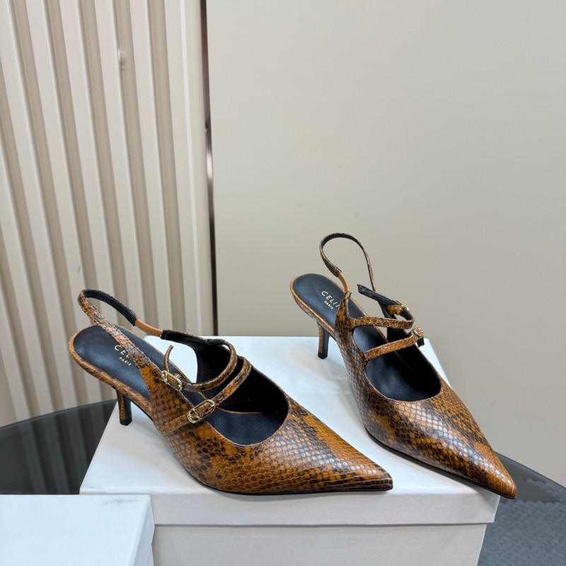 2025 Women Celine Brown Snake Leather Pointed Toe Slingback Heels