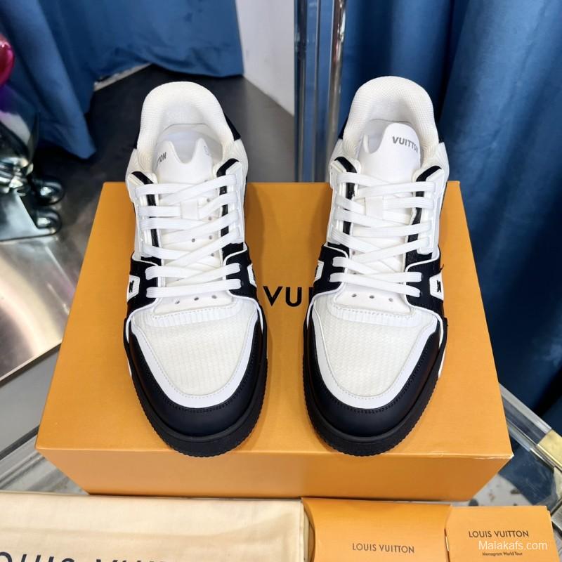 2025 Unisex Louis Vuitton White Black Leather Sneakers