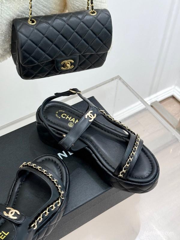 2025 Women Chanel Black Lambskin Platform Sandals Chain KFY00270