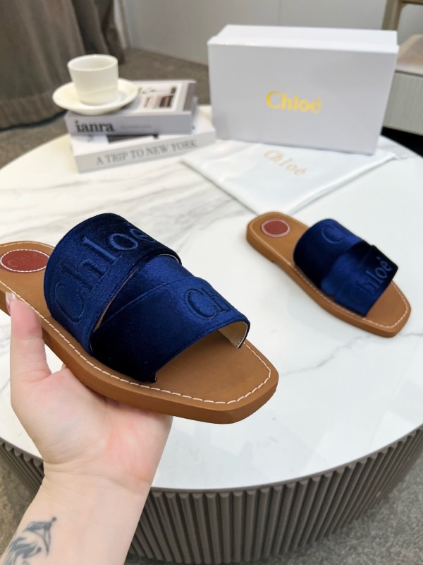 2025 Women Chloe Navy Velvet Slippers LY00200