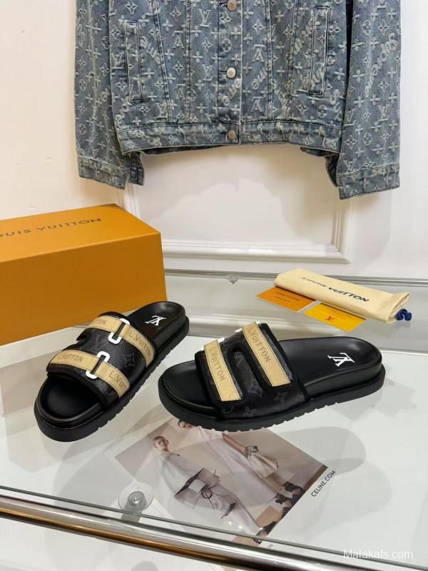 2025 Slippers Louis Vuitton Black Beige Leather Mesh Slippers LY