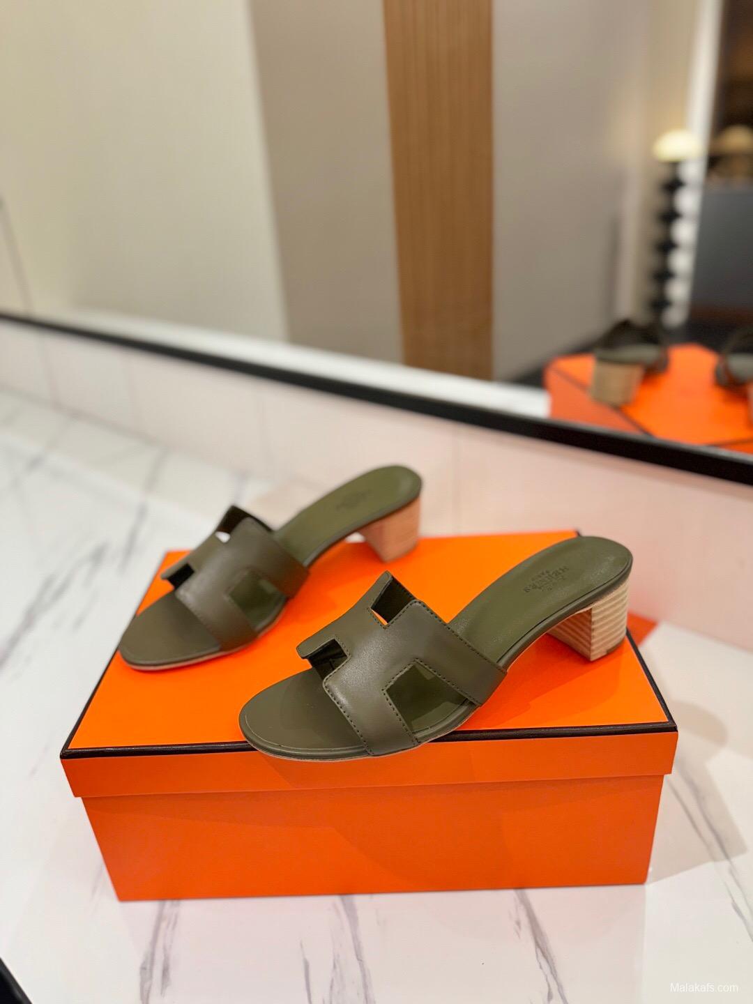 2025 Women Hermès Green Leather Sandals
