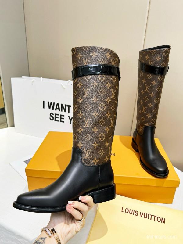 2024 Women Louis Vuitton Brown Black Leather Canvas Boots MJ00400