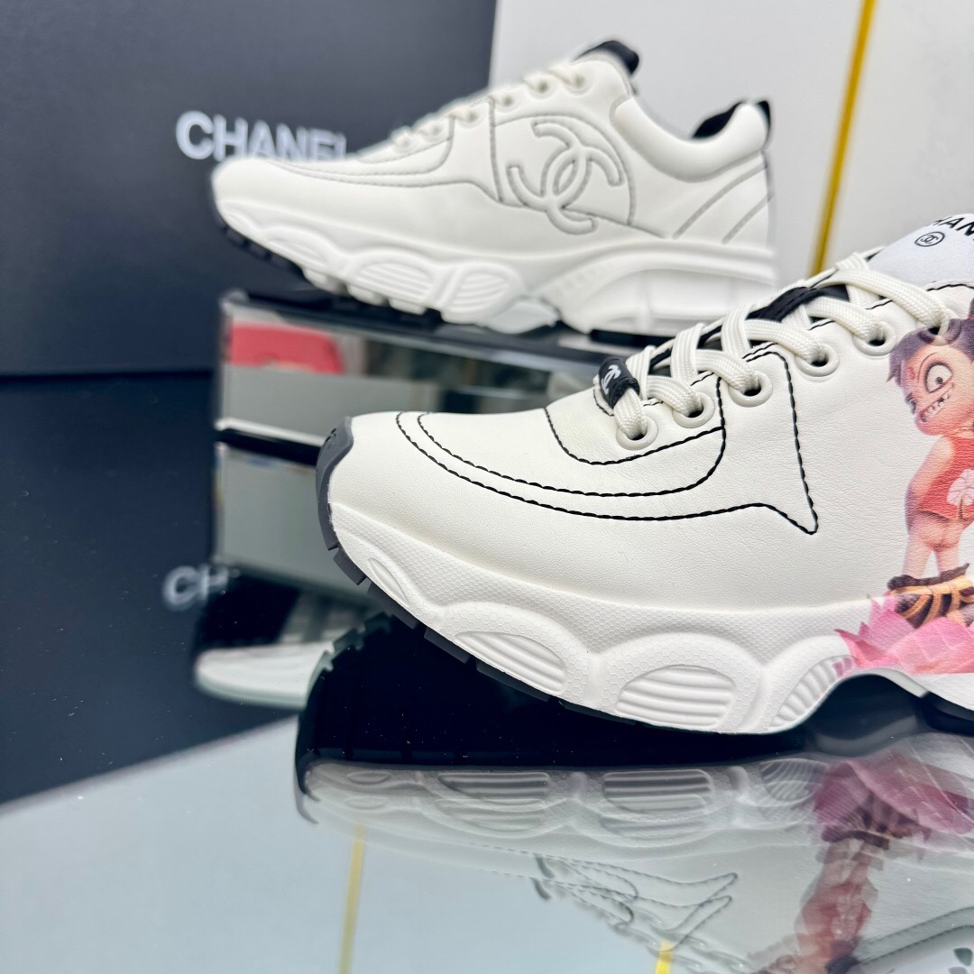 2025 Women Chanel White Leather Sneakers Nezha Pattern