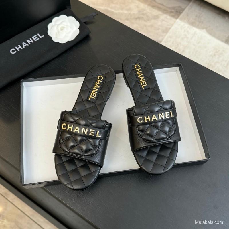 2025 Slippers Women Chanel Black Leather Slippers