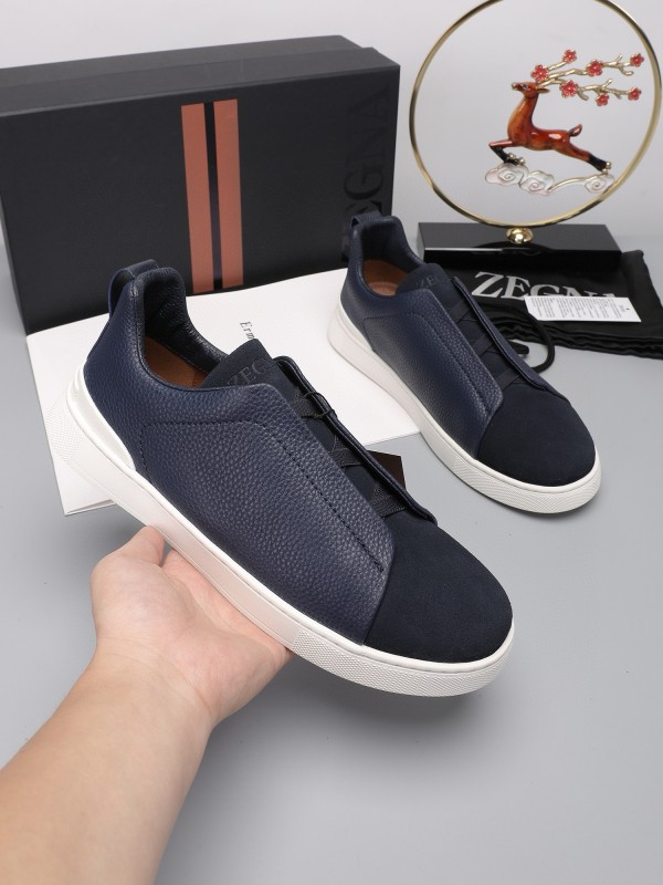 2024 Men Ermenegildo Zegna Navy Blue Leather Suede Low Top Sneakers MJ00240