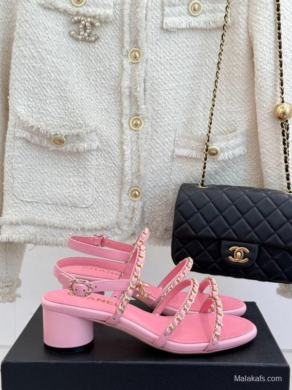 2025 Women Chanel Pink Leather Chain Strap Sandals