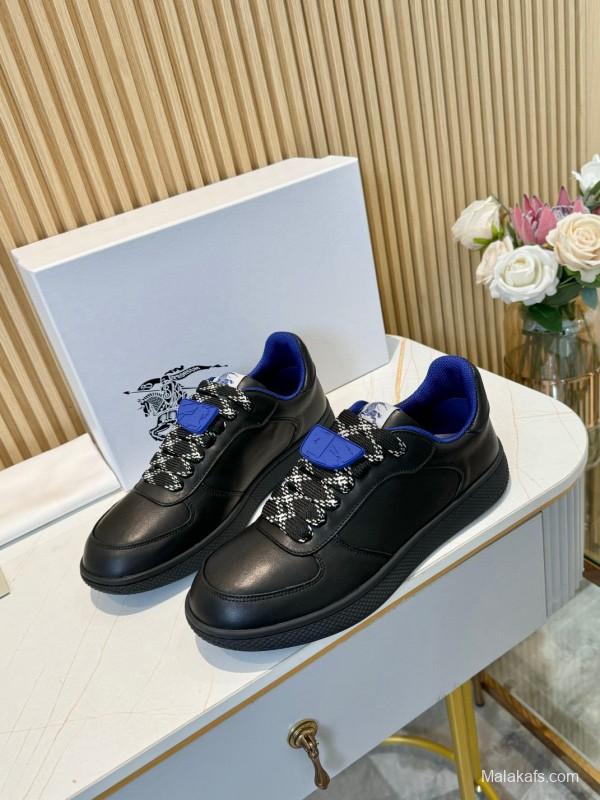 2024 Men BURBERRY Black Blue Calf Leather Sneakers MJ00330