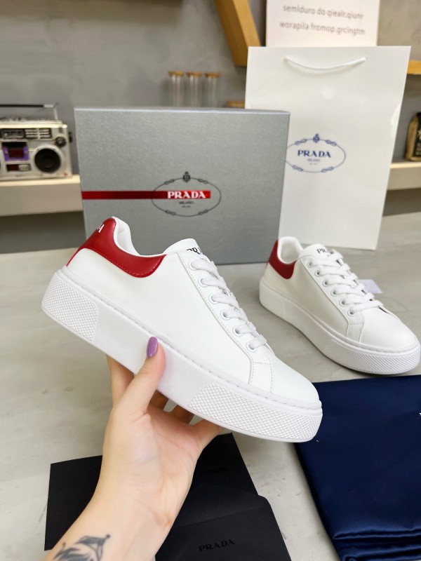 2024 Unisex Prada White Red Calfskin Silk Thick Sole Sneakers MJ00310