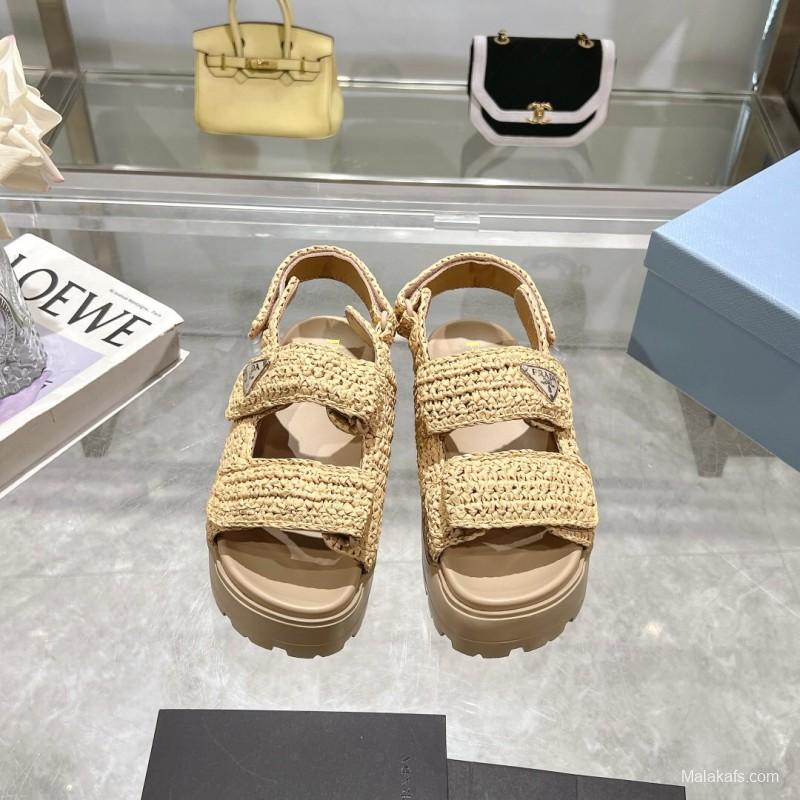 2025 Women Prada Beige Woven Leather Platform Sandals