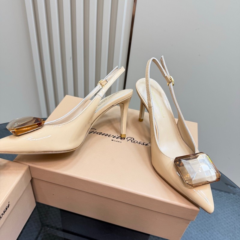 2025 Women Gianvito Rossi Beige Patent Leather Slingback High Heel Gemstone KFY00300