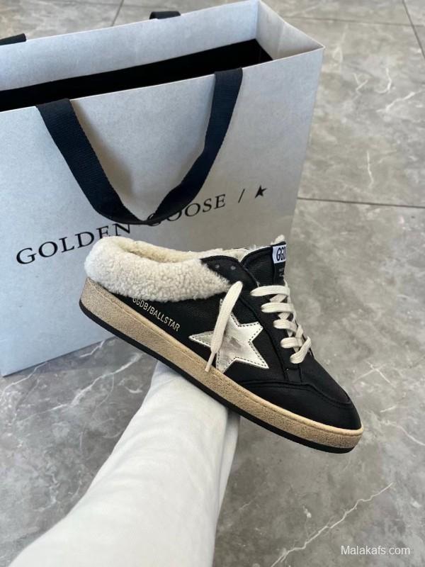 2024 GGDB Black White Leather Shearling Slippers MJ00280