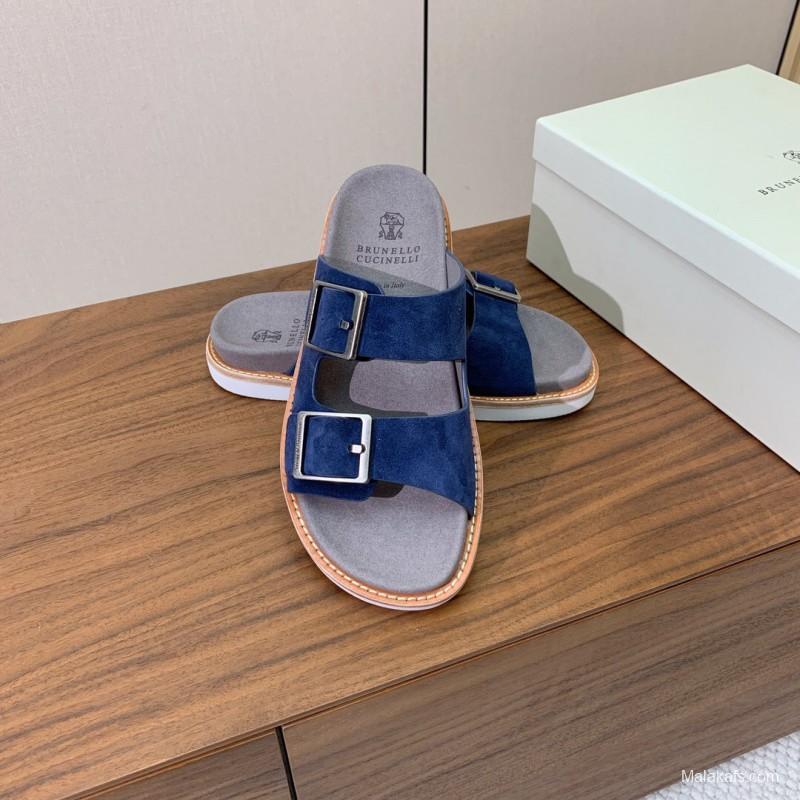 2025 Unisex Brunello Cucinelli Blue Suede Leather Slippers KFY00250