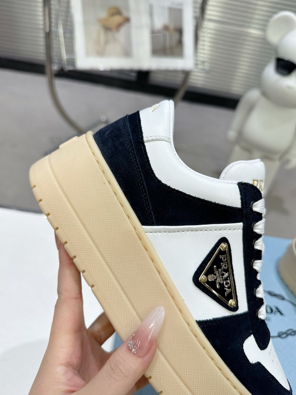 2025 Women Prada Black White Leather Suede Sneakers Downtown Bold KFY00310