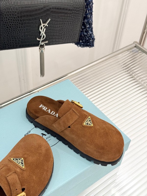 2025 Women Prada Brown Suede Slippers KFY00280