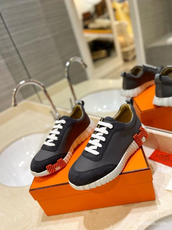 2024 Unisex Hermès Black Gray Imported Calfskin Rainproof Fabric Sneakers MJ00320
