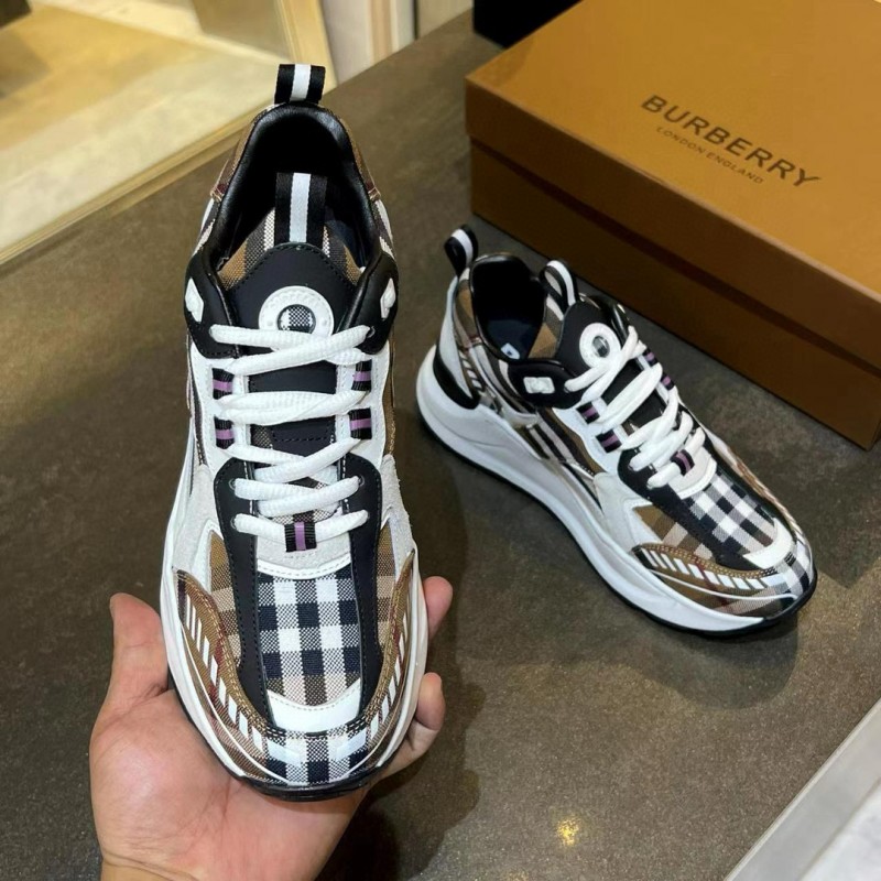 2025 Unisex Burberry Brown White Black Cotton Calfskin Suede Sneakers Check MJ00380(W/M)