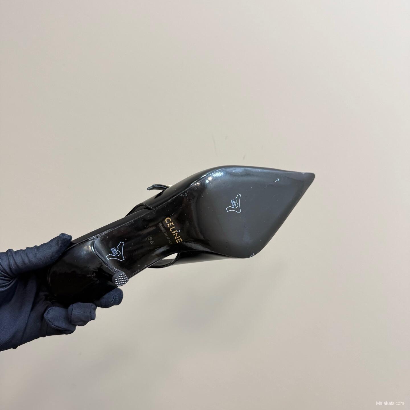 2025 Women Celine Black Patent Leather Slingback Pointed Toe Heels KFY00310