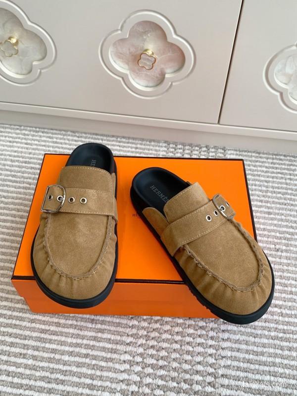 2025 Women Hermès Light Brown Suede Mule Handmade KFY00290