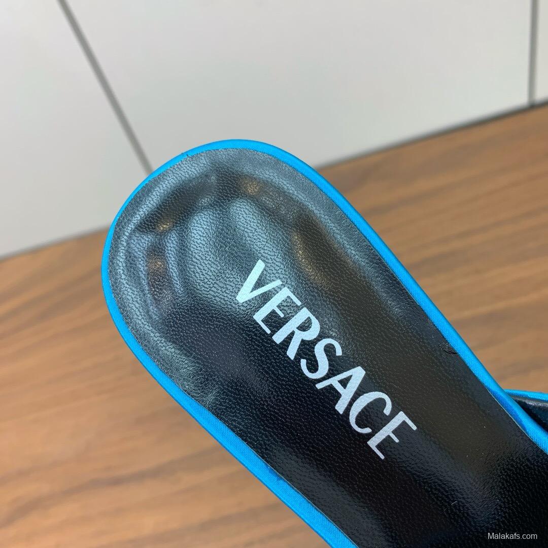 2025 Women VERSACE Blue Satin Slippers