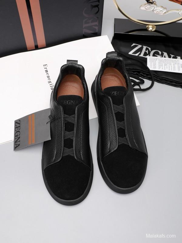 2024 Men Ermenegildo Zegna Black Leather Suede Sneakers MJ00240