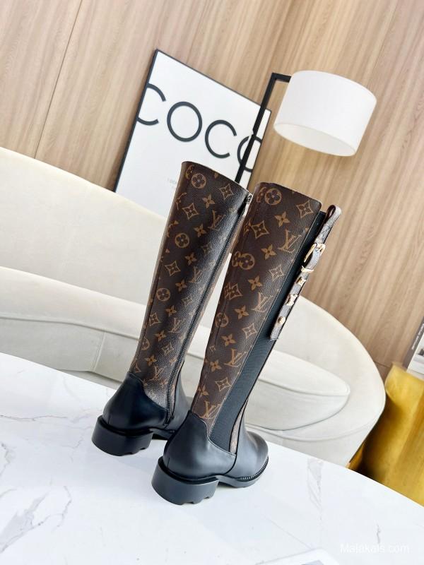 2024 Women Louis Vuitton Brown Black Leather Canvas Boots MJ00430