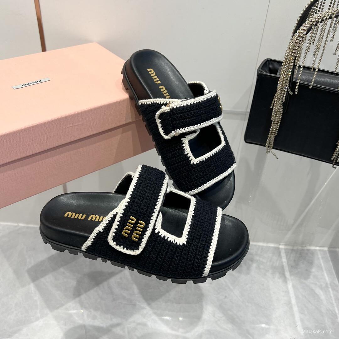 2025 Miu Miu Black White Crochet Leather Slippers KFY00290