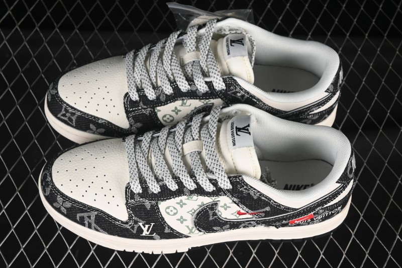Nike SB Dunk Low LV Collaboration Black Denim Black Swoosh Anniversary High-End Custom Low-Top Casual Skate Shoes - YX5066-351