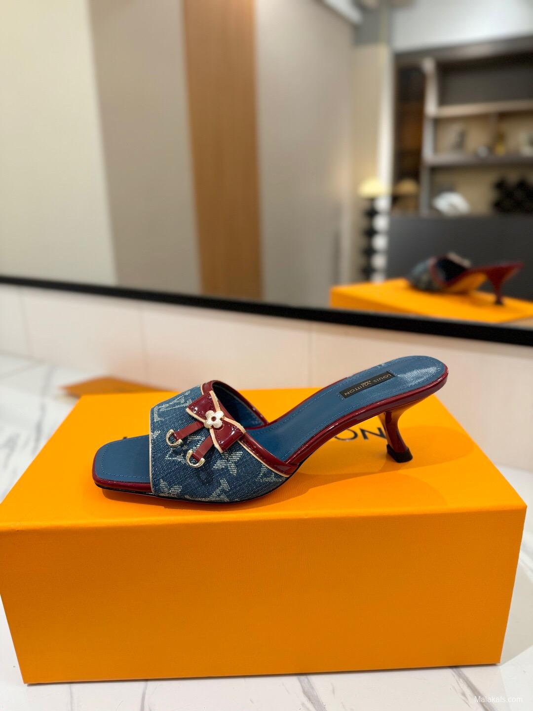 2025 Women Louis Vuitton Blue Denim Leather Mules