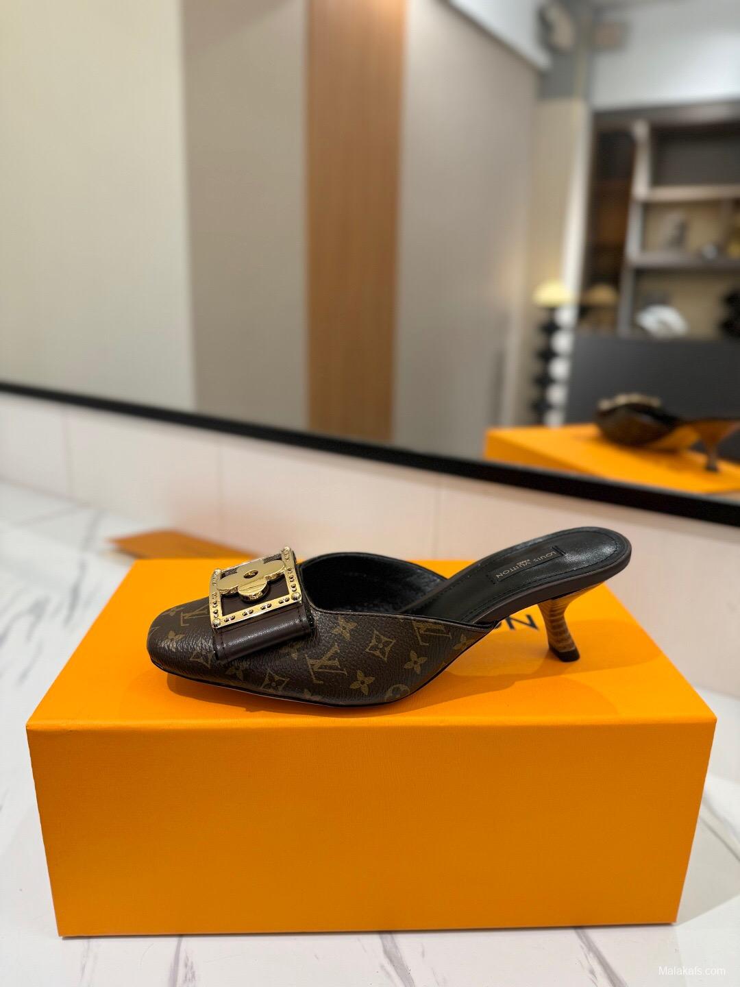 2025 Women Louis Vuitton Brown Leather Mules KFY00320