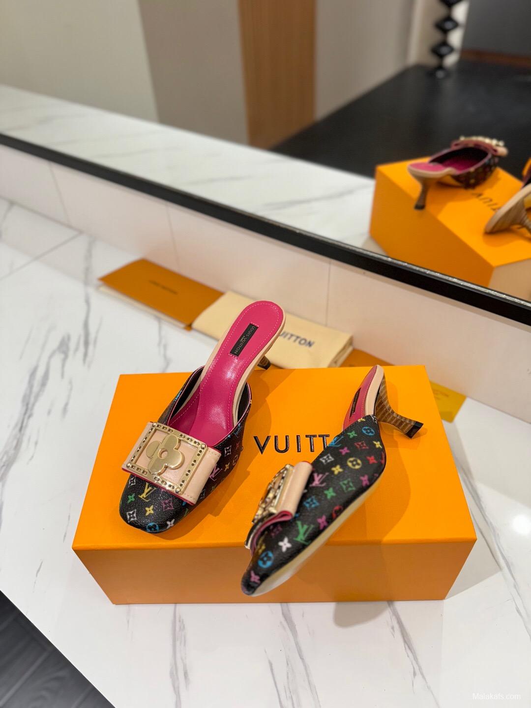 2025 Women Louis Vuitton Black Multicolor Leather Mules KFY00320