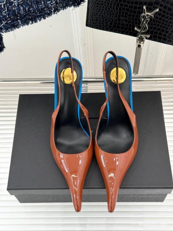 2025 Women Yves Saint Laurent Brown Patent Leather Slingback Heels KFY00290