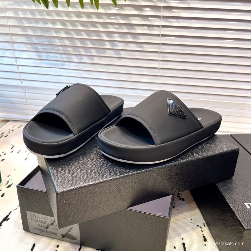 2025 Men Prada Black Fabric Slippers Logo KFY00230