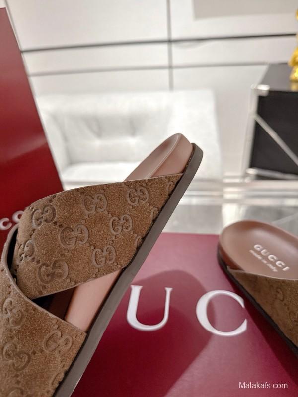 2025 Women Gucci Brown Suede Slippers GG Embossed AS00240