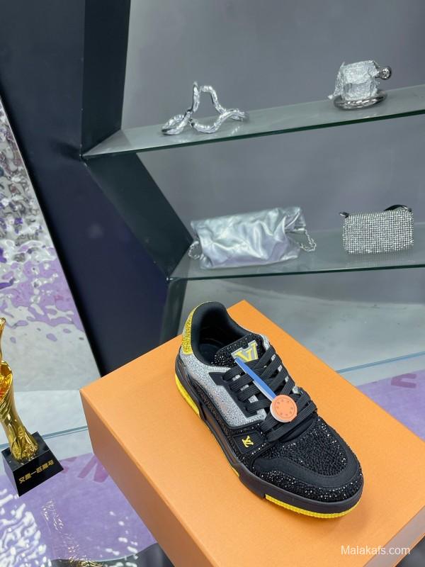 2025 Unisex Louis Vuitton Black Grey Yellow Leather Fabric Plimsolls Handcrafted Rhinestone AS00400