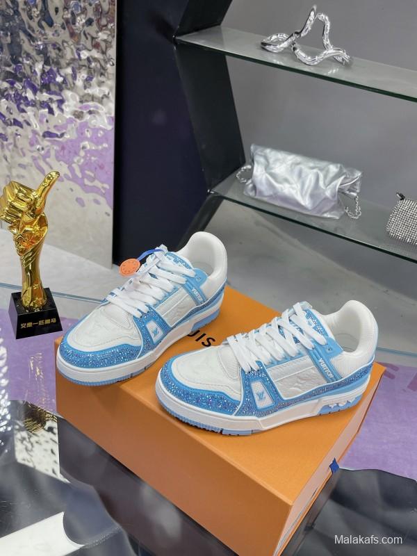 2025 Unisex Louis Vuitton Light Blue White Leather Denim Plimsolls Hand Drilled AS00400