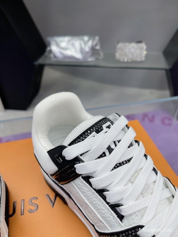 2025 Unisex Louis Vuitton White Black Leather Fabric Plimsolls Handcrafted Rhinestones AS00400
