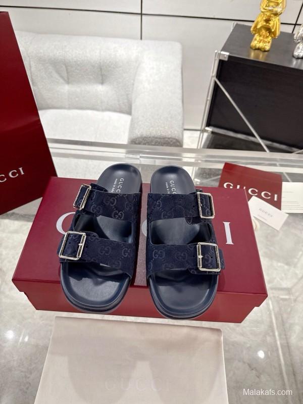 2025 Unisex Gucci Black Leather Fabric Slippers Double G Embossed AS00240